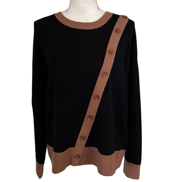 Summersalt The Luxe Cashmere Blend Button Crewneck Sweater Black Brown Wool - Picture 1 of 5
